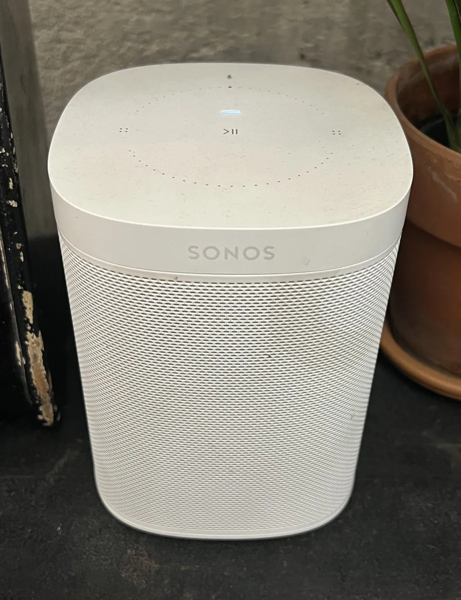 White Sonos One SL wireless speaker viewed from above